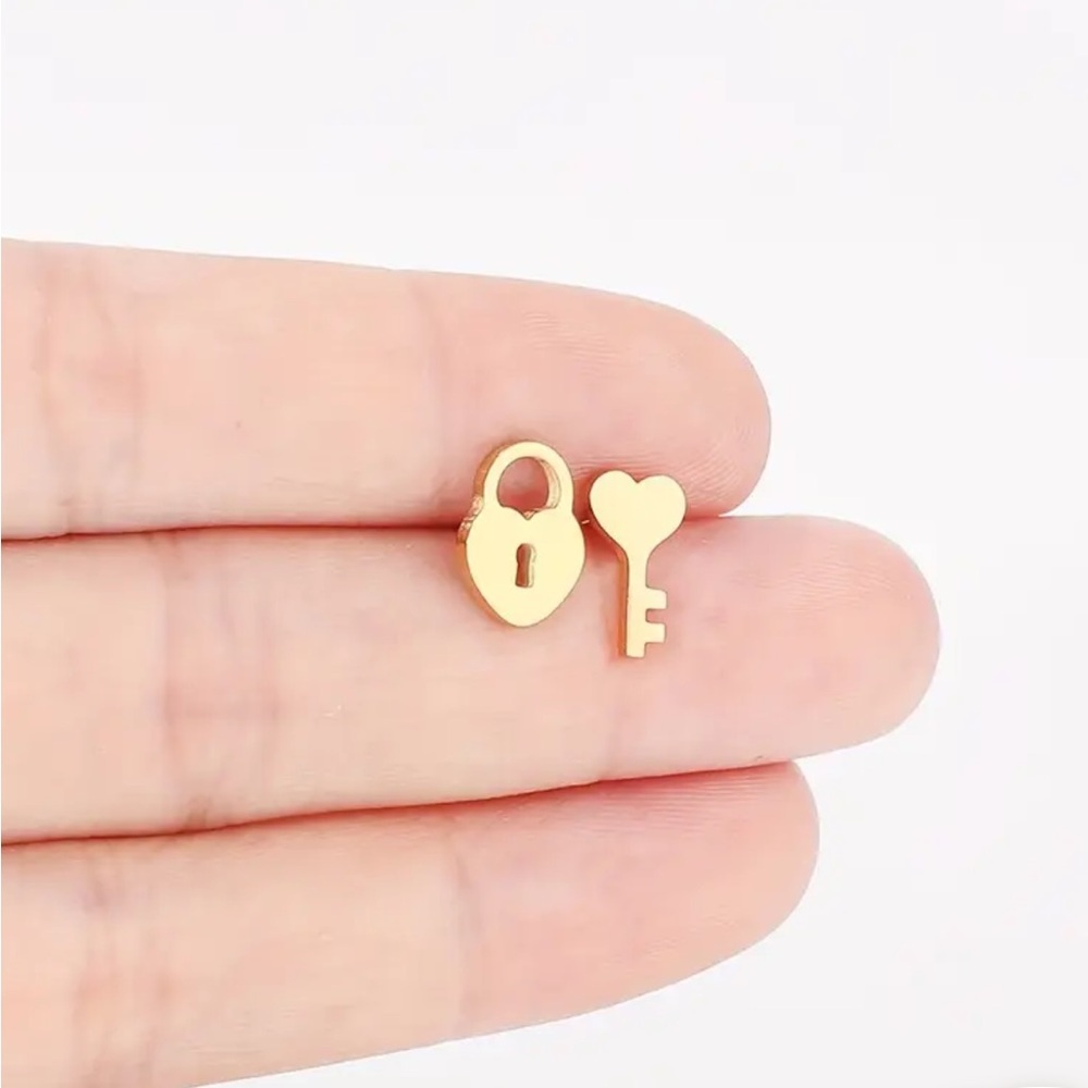 Gold Stainless Steel Heart Lock and Key Earrings